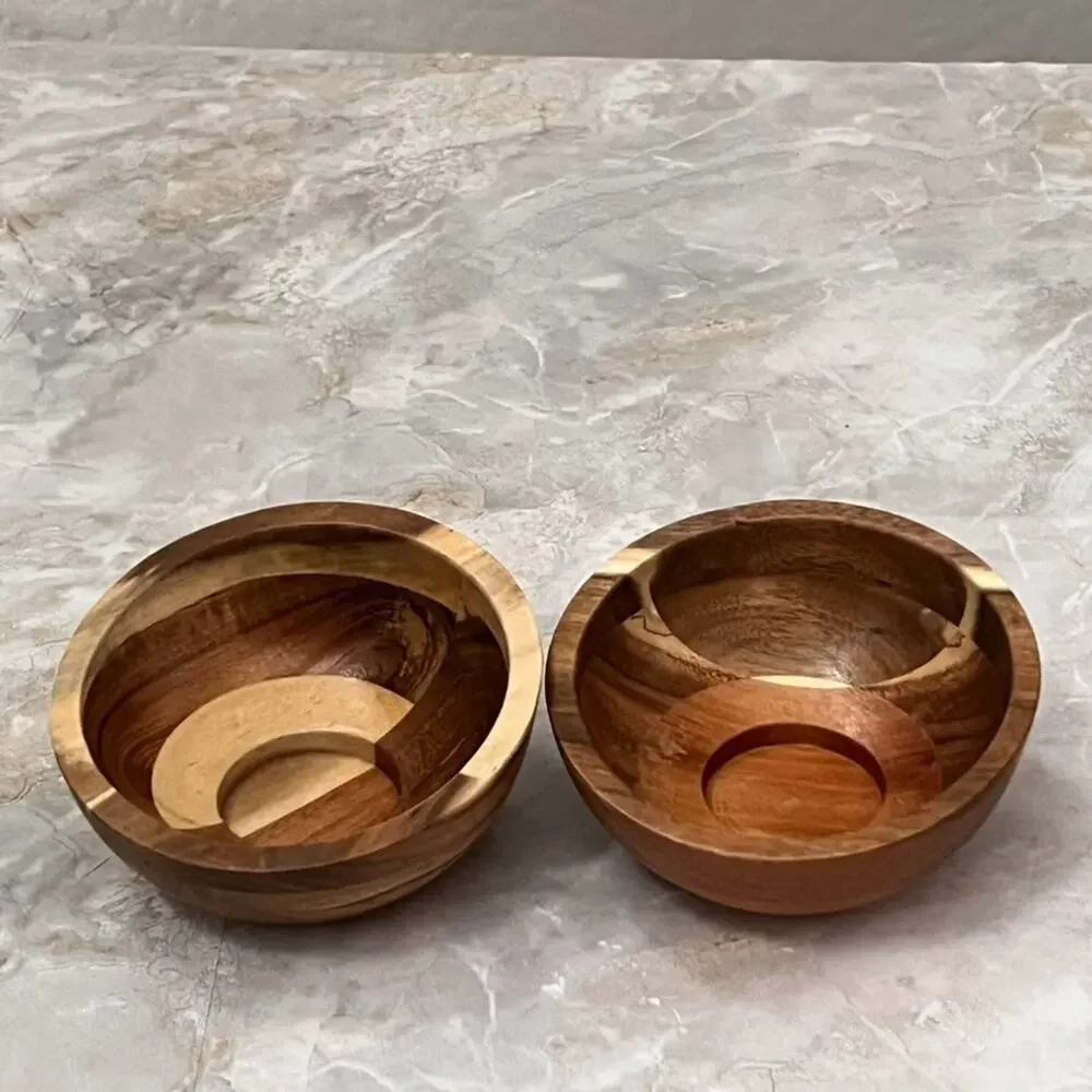Wooden Tealight Candle Holders Set of 2 4.5 in Acai Wood Modern Minimalist MCM